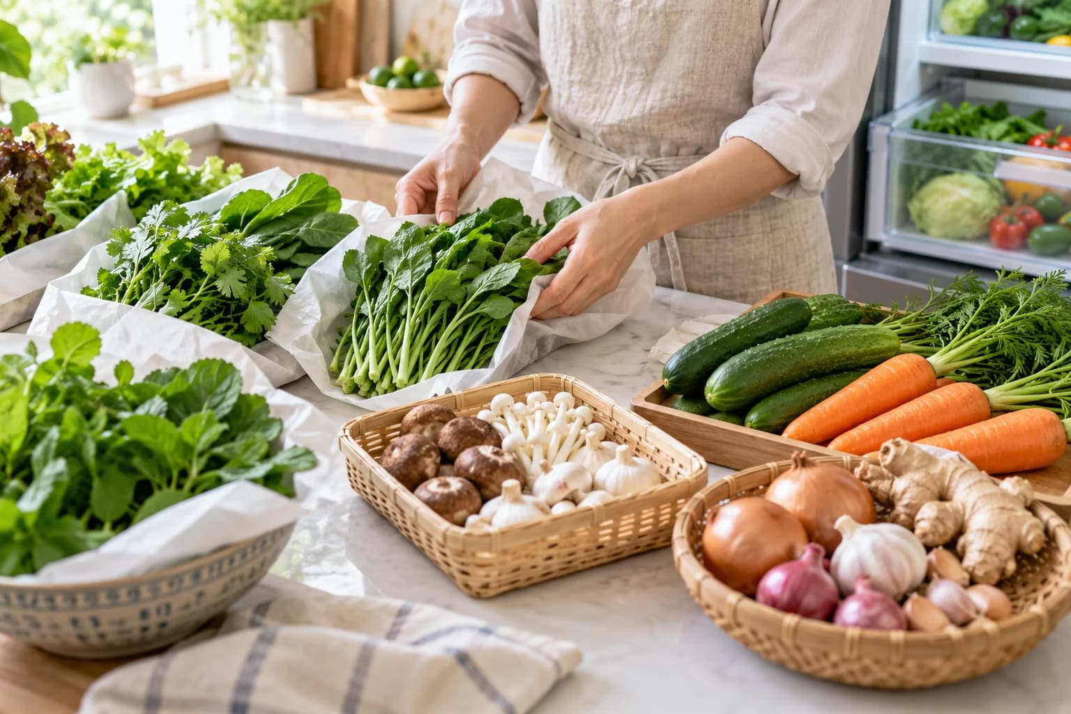 Phân loại rau lá, củ, nấm và rau gia vị trong bếp gia đình