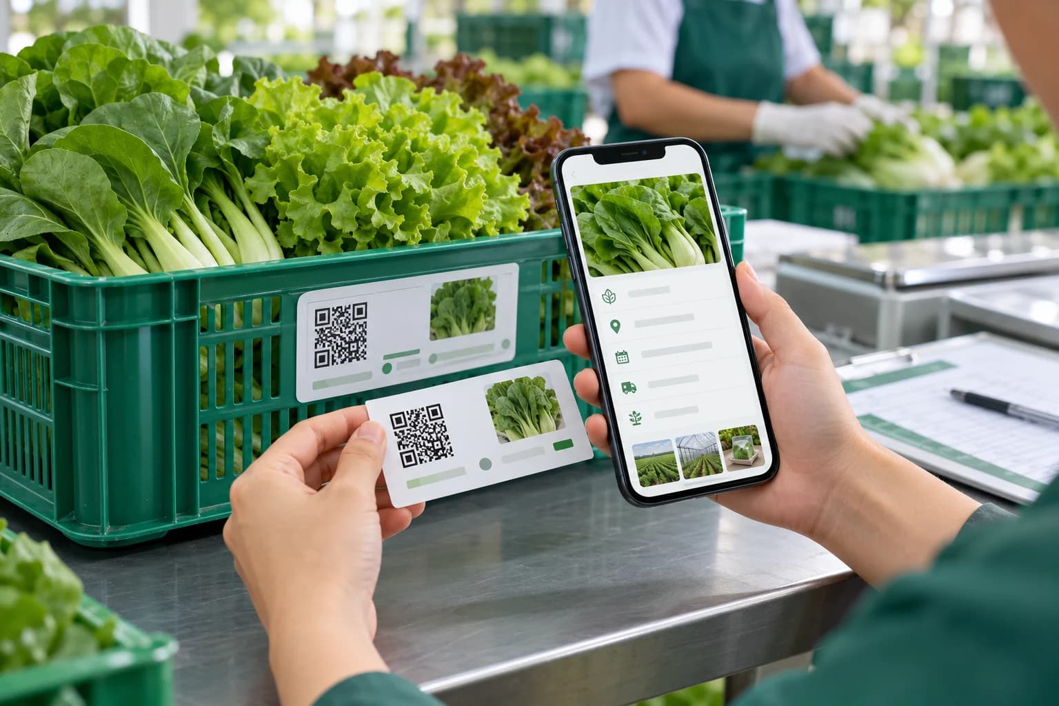 Người dùng đối chiếu tem QR và hồ sơ truy xuất rau trên điện thoại