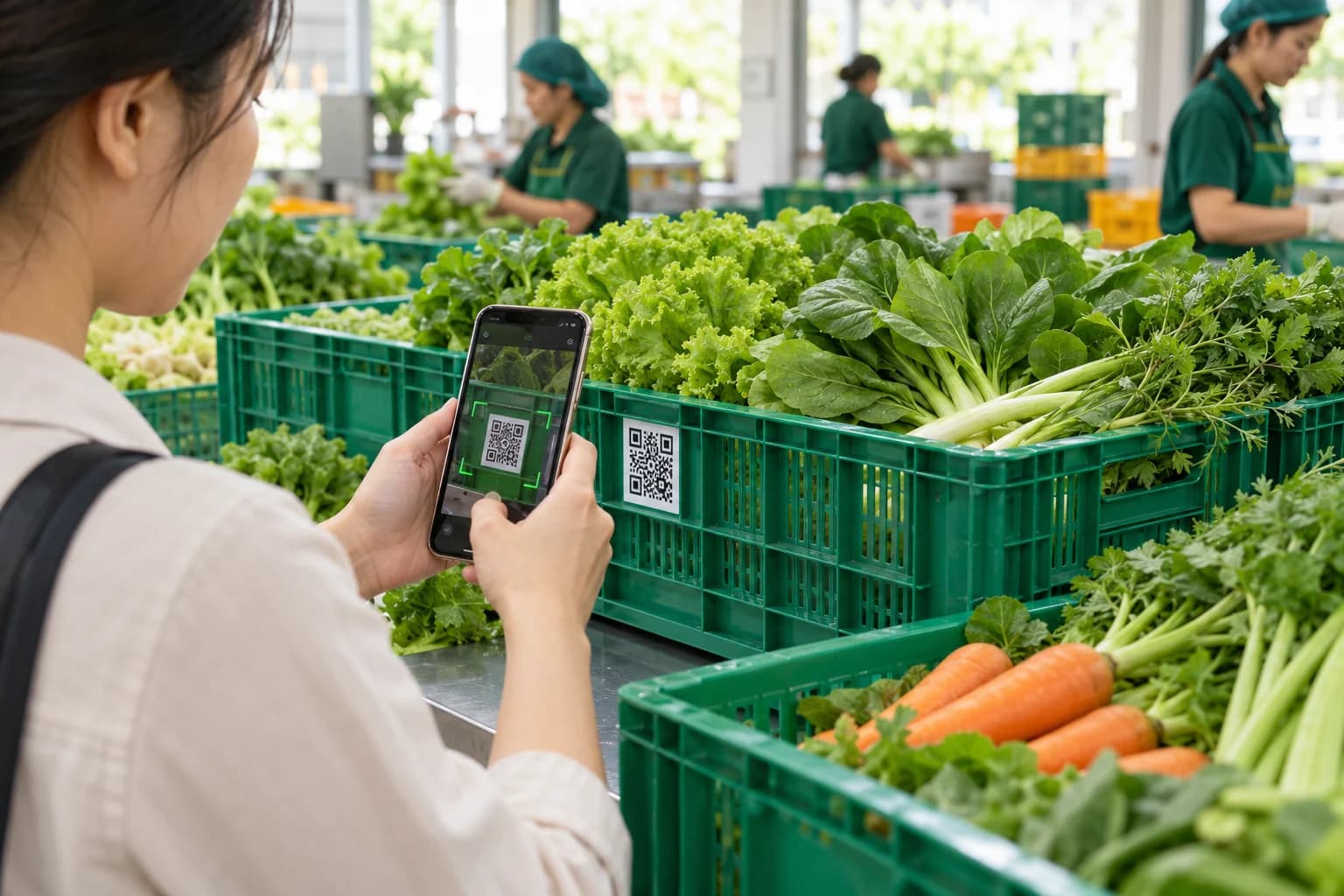 Người dùng quét mã QR trên thùng rau tại khu vực đóng gói
